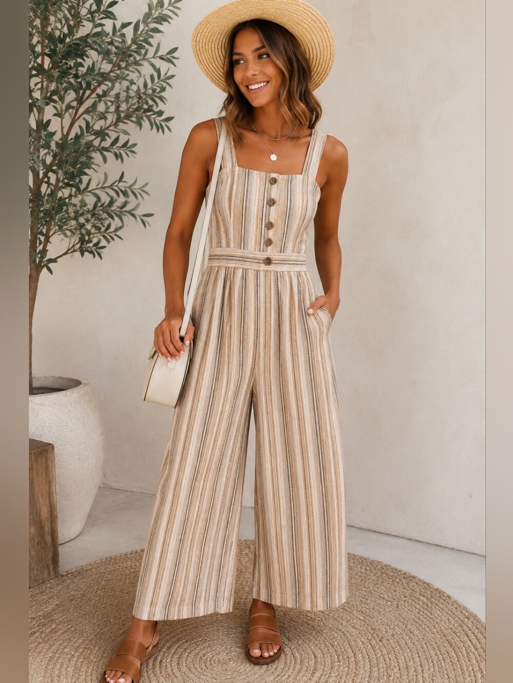 Womens Jumpsuit Wideleg‎ Linen Blend Size S Neutral Striped Beige Pockets